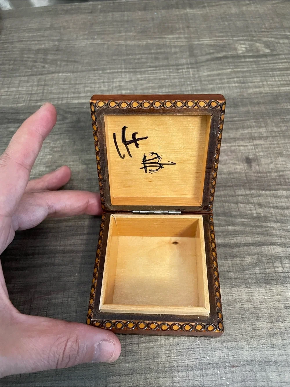 Vintage Hand Carved Polish Wooden Trinket Box - Floral Pyrography & Brass Accent